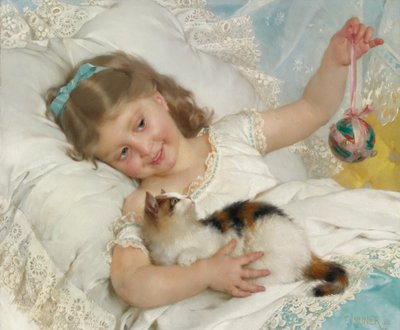 Young Girl and Cat by Emile Munier